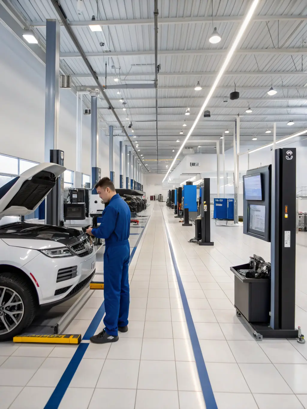 A diverse fleet of vehicles undergoing maintenance in a modern, well-equipped service center, highlighting the comprehensive automotive solutions offered by MELVOMS GLOBAL LIMITED.