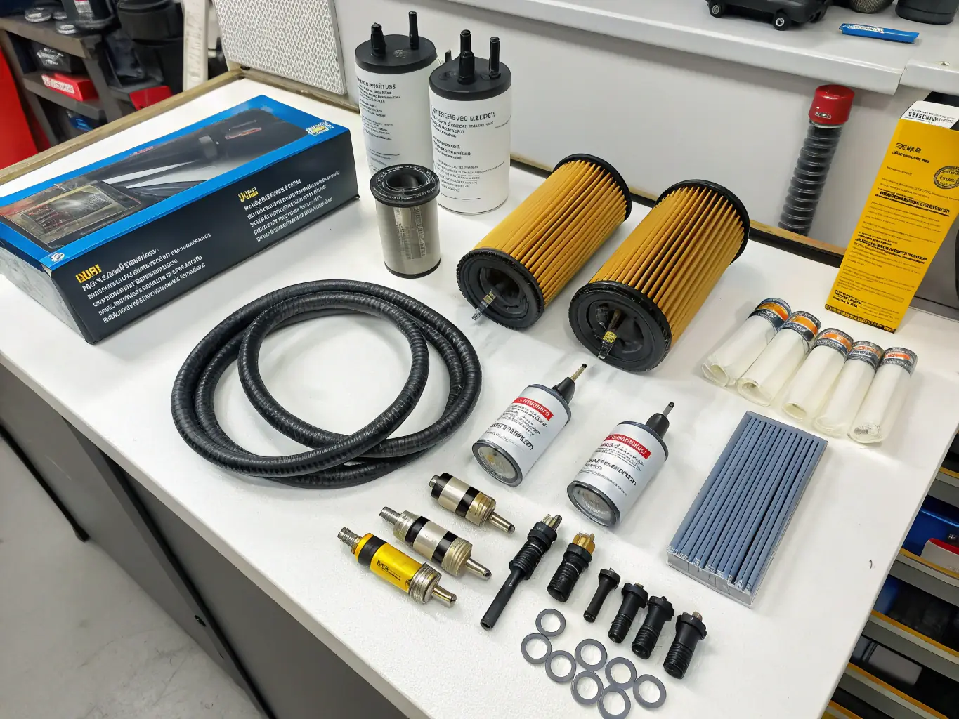 A photograph of a wide selection of high-quality automotive parts and accessories available at MELVOMS GLOBAL LIMITED, emphasizing the company's commitment to using only the best components.