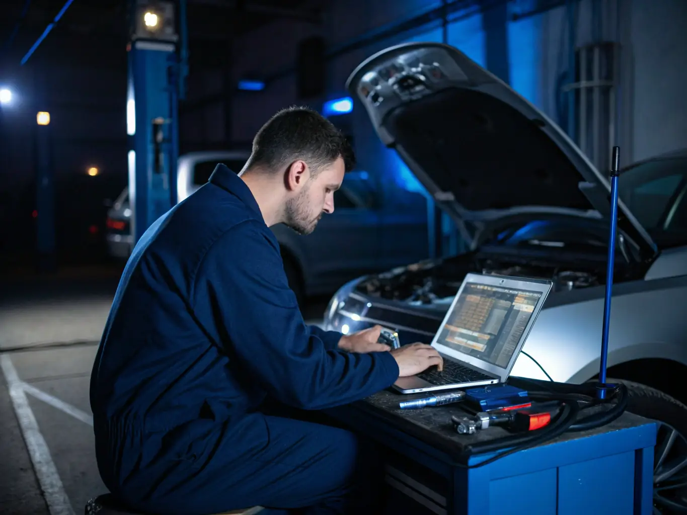 An image showing a technician diagnosing a vehicle's engine using advanced diagnostic equipment, highlighting MELVOMS GLOBAL LIMITED's use of technology in automotive repairs.