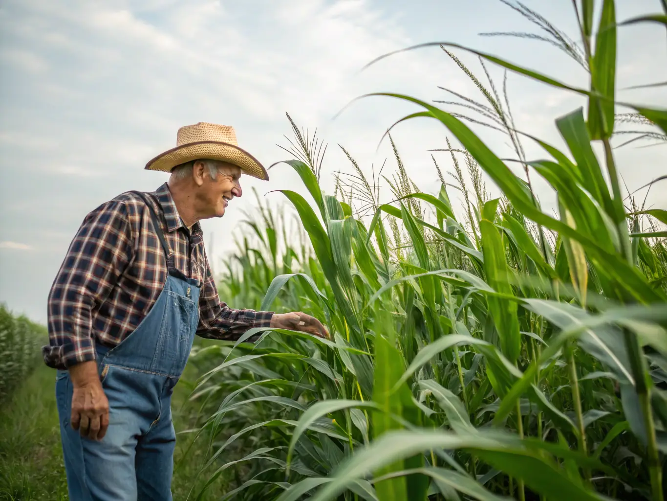 A farmer inspecting crops in a field, protected by MELVOMS GLOBAL LIMITED's crop protection products, showcasing the effectiveness of the solutions.