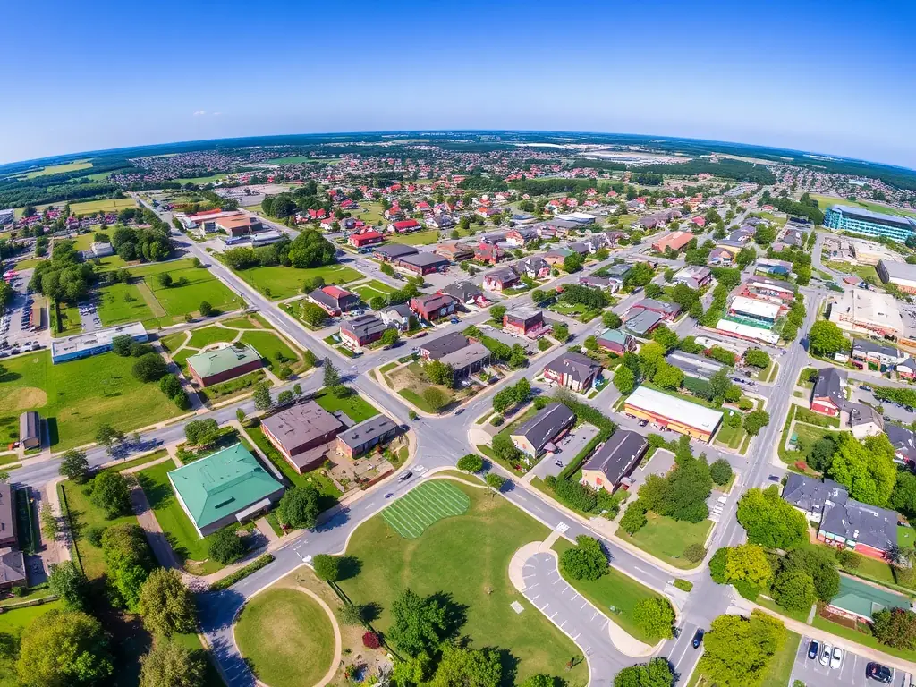 An aerial view of a master-planned community with various types of properties, green spaces, and community amenities, illustrating MELVOMS GLOBAL LIMITED's comprehensive approach to real estate development.