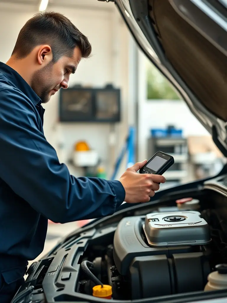 A MELVOMS GLOBAL LIMITED employee is shown using state-of-the-art diagnostic equipment in a well-equipped automotive service bay.