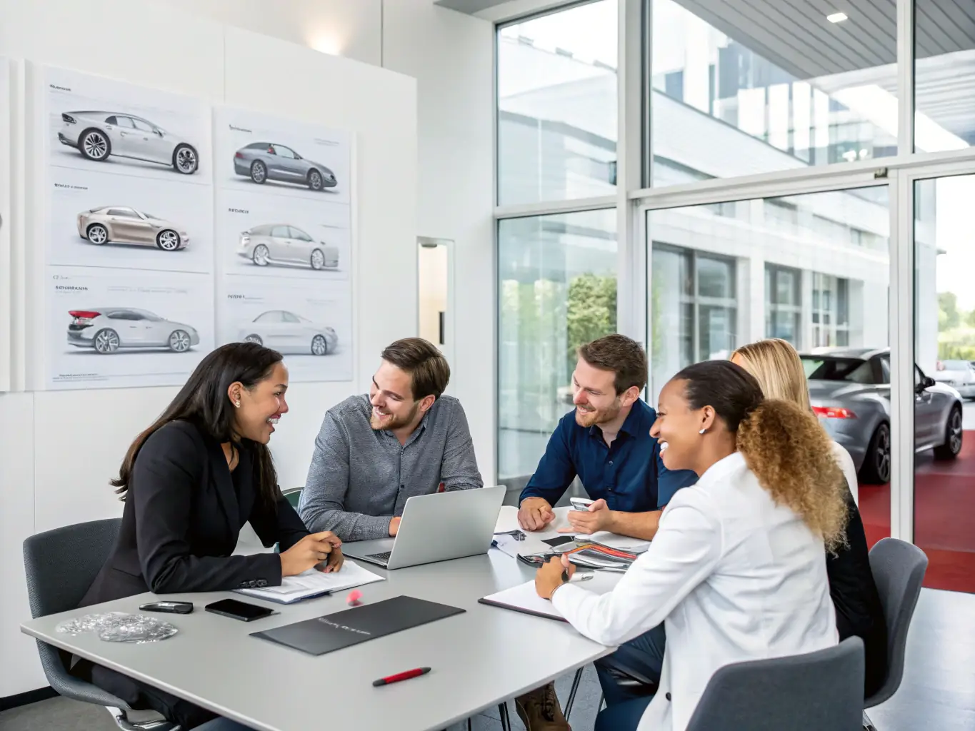 A vibrant photograph capturing a diverse group of MELVOMS GLOBAL LIMITED employees collaborating on an automotive design project in a modern, open-plan office space. The image should convey a sense of teamwork, creativity, and innovation, with orange and teal accents in the office decor.