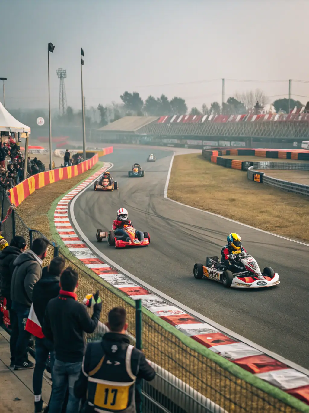A group of employees are participating in a team-building event, such as a go-karting competition, promoting camaraderie and teamwork.