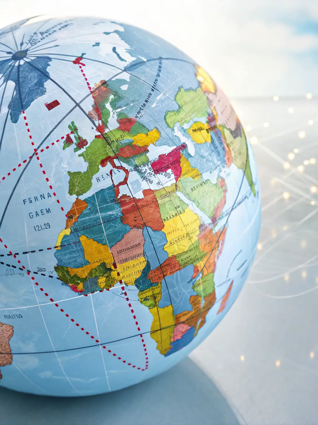 A global map with interconnected trade routes and cargo ships, illustrating MELVOMS GLOBAL LIMITED's global trading operations.