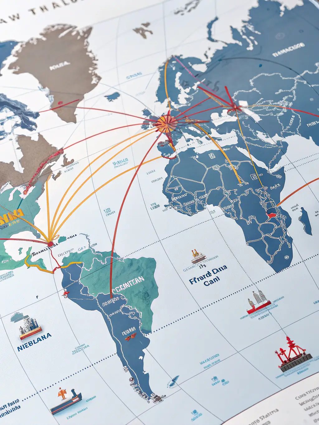 A global map highlighting key trade routes and commodities being transported, representing MELVOMS GLOBAL LIMITED's global trading division.