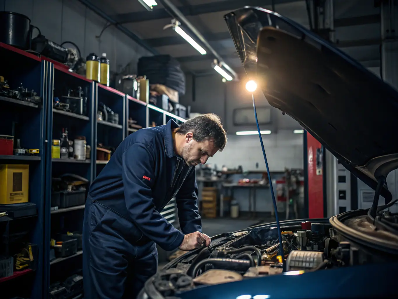 A high-quality image depicting a mechanic performing routine maintenance on a modern sedan in a clean and well-equipped service bay, showcasing MELVOMS GLOBAL LIMITED's commitment to quality service.
