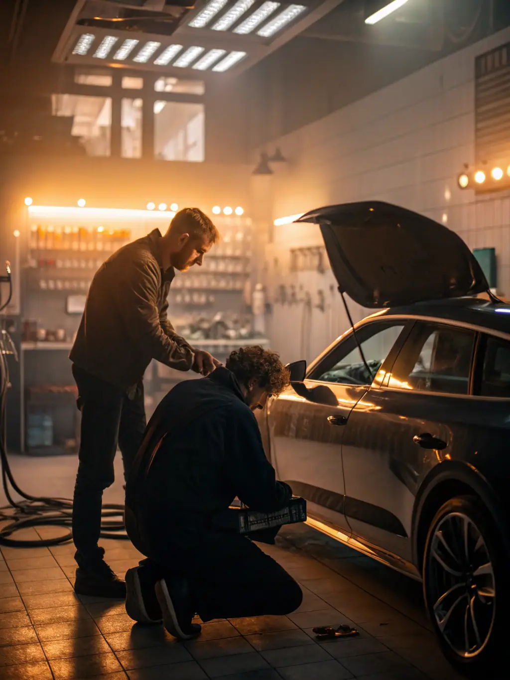 A state-of-the-art automotive service center with mechanics working on various vehicles, highlighting MELVOMS GLOBAL LIMITED's automotive solutions.